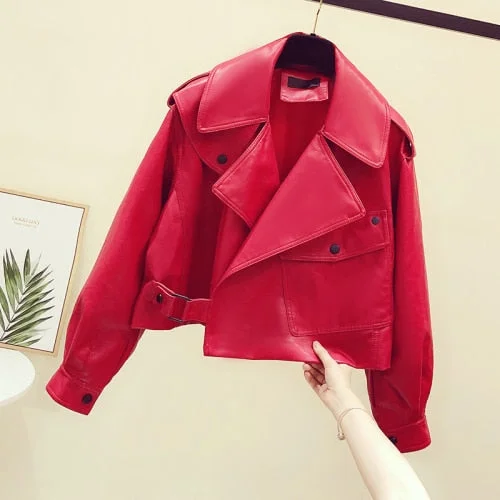 Ailegogo Spring Women Short Pu Leather Jacket Moto Biker Oversized Turndown Collar Black Coat Vogue Lady Faux Leather Outwear