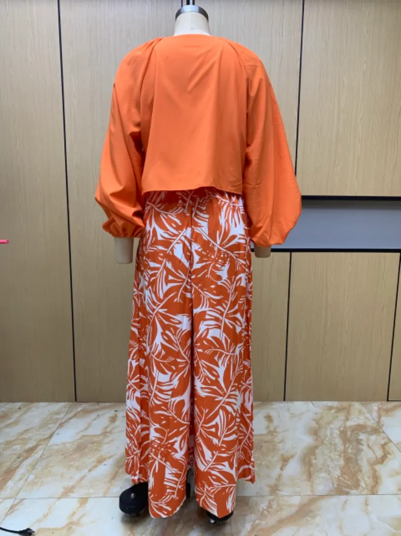 Autumn Arrival Women Printed Pants V neck Top Long Sleeve Two Piece Set