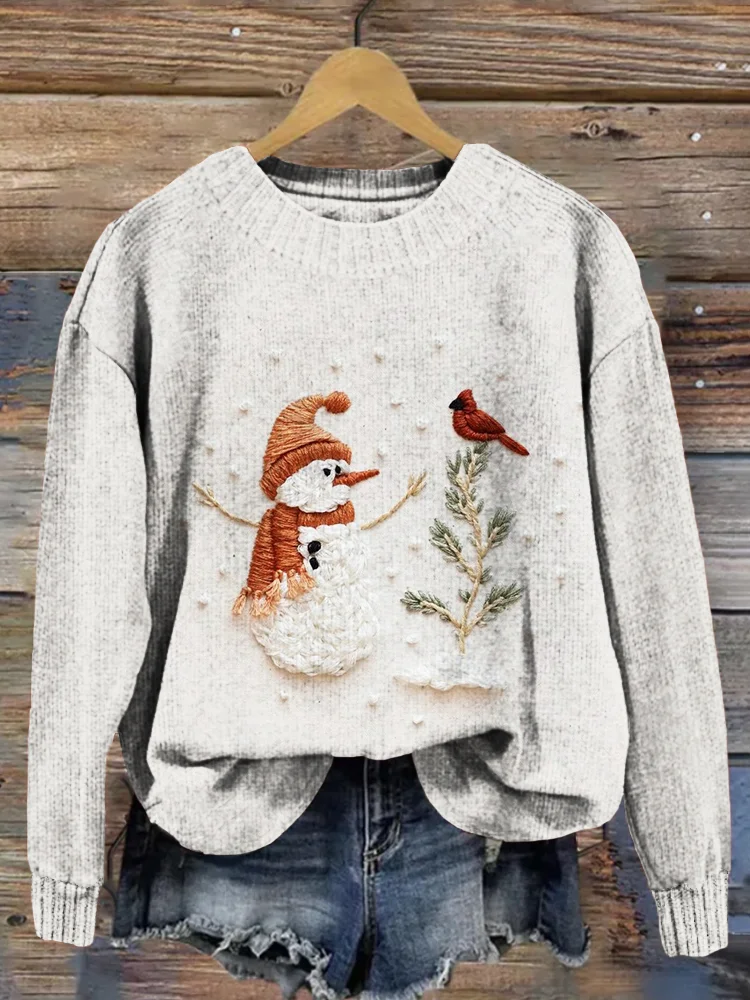 Winter Snowman & Cardinal Friend Embroidery Art Cozy Sweater