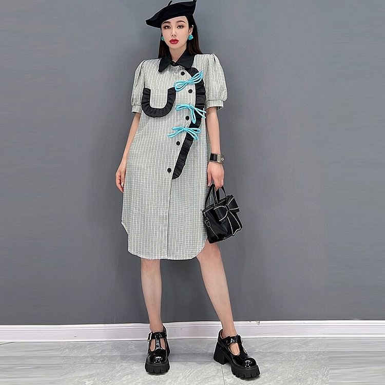Elegant Lapel Ruffle Irregular Single Breasted Patchwork Dress 