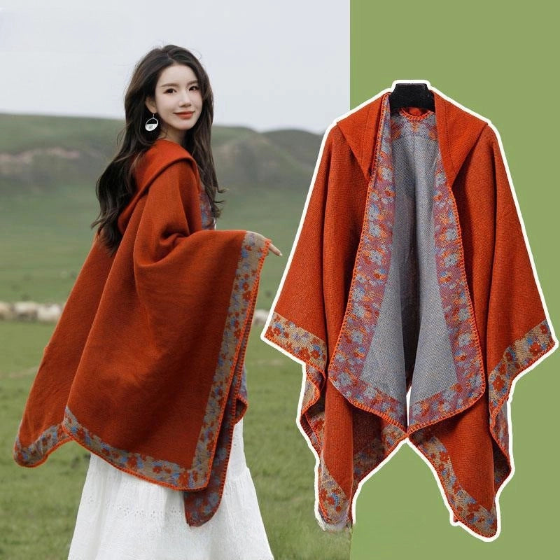 Ethnic Style Hooded Cape Women’s Yunnan Tibet Western Sichuan Grassland Bohemia Travel Wear Scarf Coat