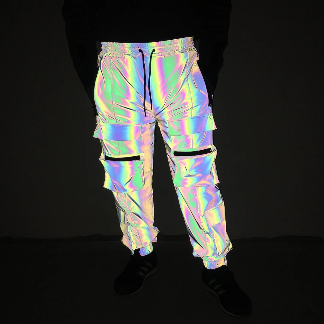 Toloer 2024 New Men's Multi-Pocket Colorful Reflective Pants Ins Laser Backbeam Foot Cargo Pants-Outfit Ideas