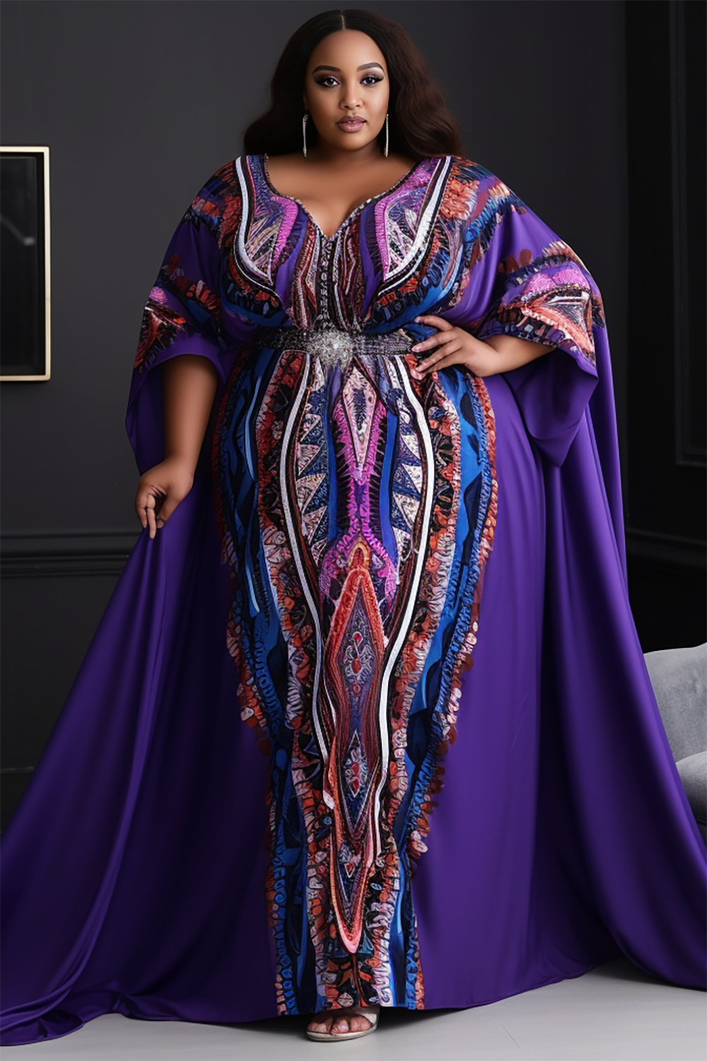 Design Plus Size Ankara Formal Elegant Purple Spring Summer V Neck Batwing Sleeve Maxi Dresses [Pre-Order]