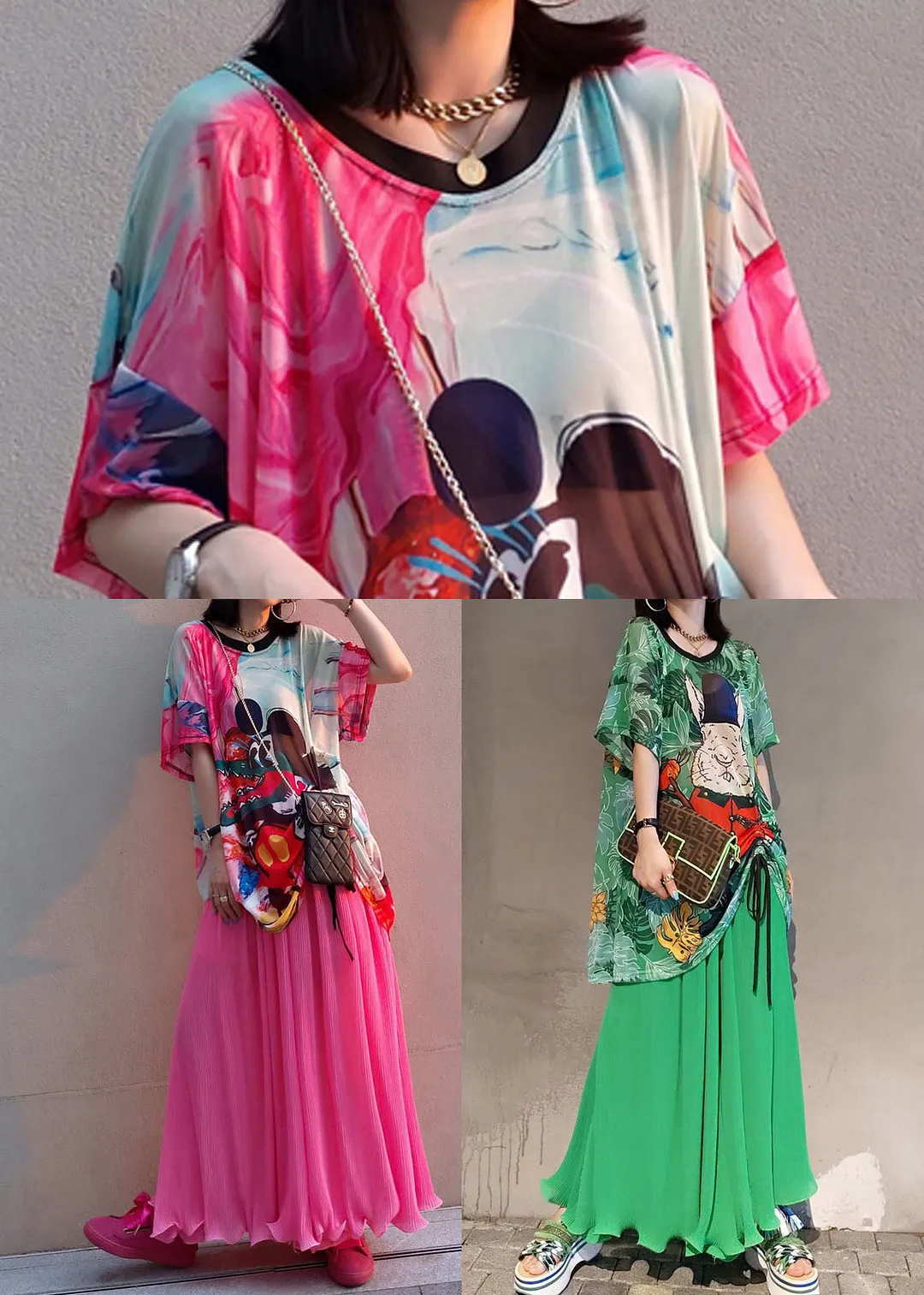 Stylish Red Oversized Print Wrinkled Chiffon Two-Piece Set Summer