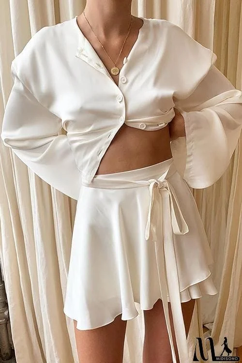 MidiSono - Button Flares Sleeve Skirts Set