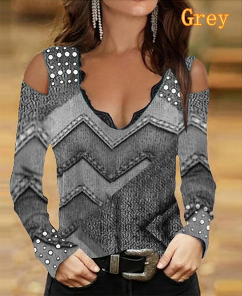 New Fashion Women's Geometry Printed Long Sleeve XS-5XL Lace V-neck Strapless Top Casual Loose Plus Size Soft and Comfortable Bottoming Top - Shop Trendy Women's Fashion | TeeYours