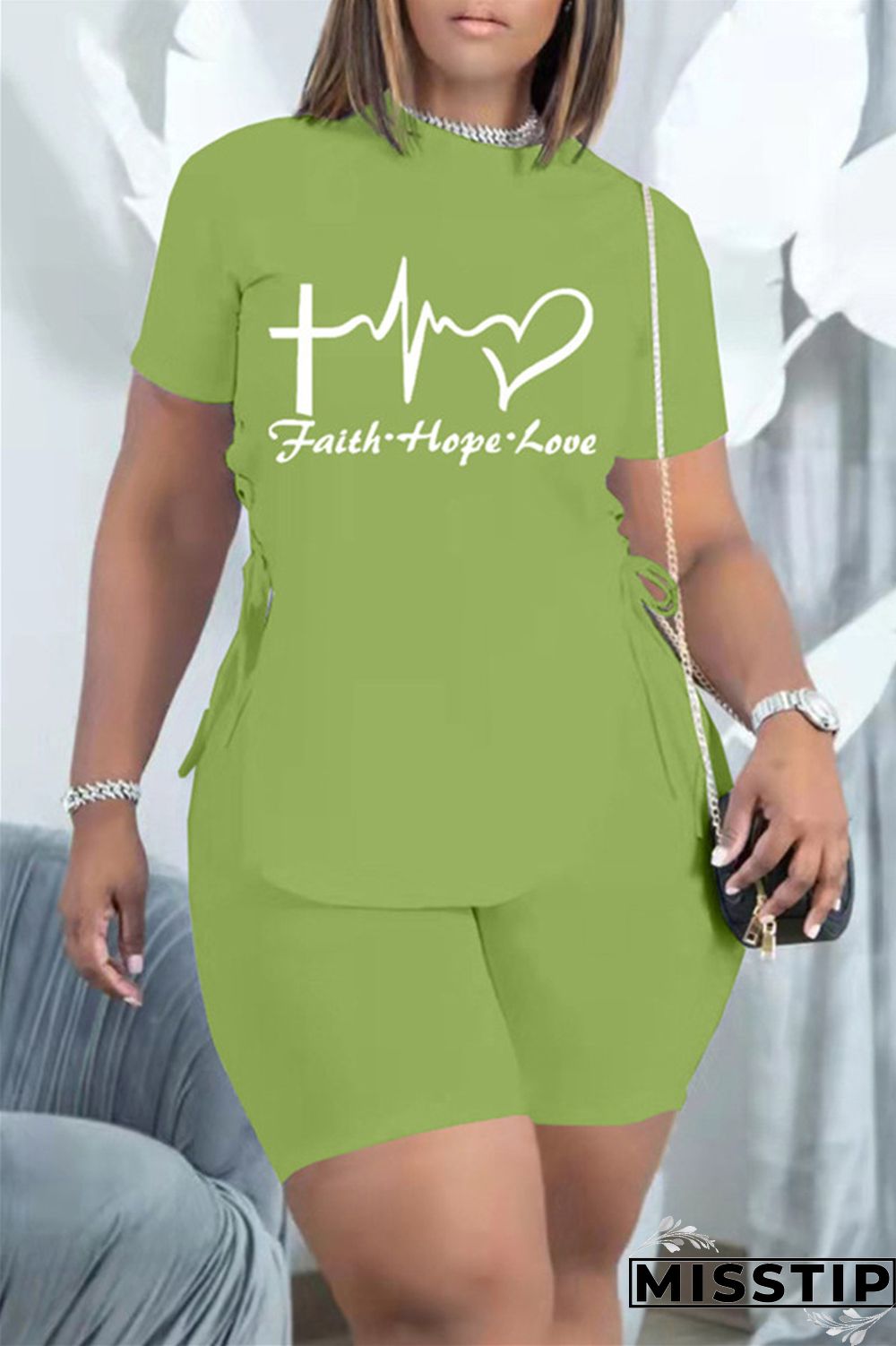 Black Fashion Casual Print Bandage Slit O Neck Short Sleeve Two Pieces