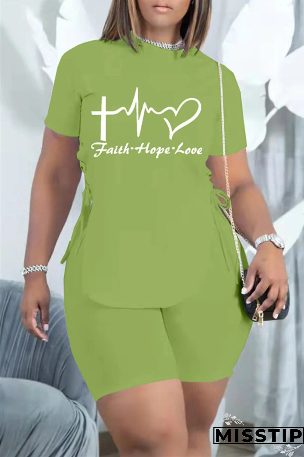 Black Fashion Casual Print Bandage Slit O Neck Short Sleeve Two Pieces