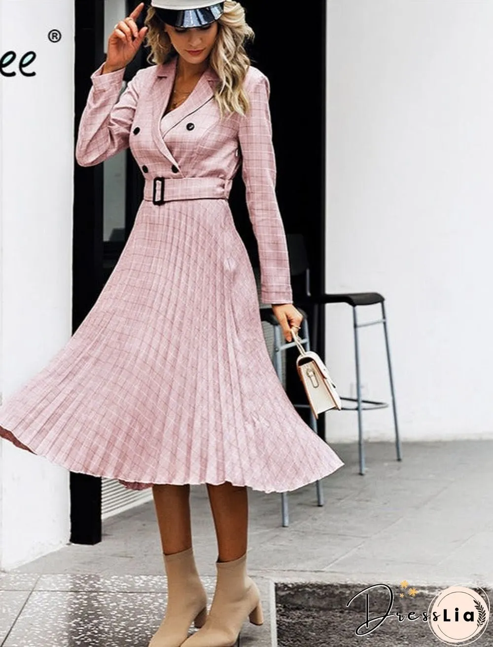 Vintage pleated belt plaid dress women Elegant office ladies blazer dresses Long sleeve female autumn midi party dress