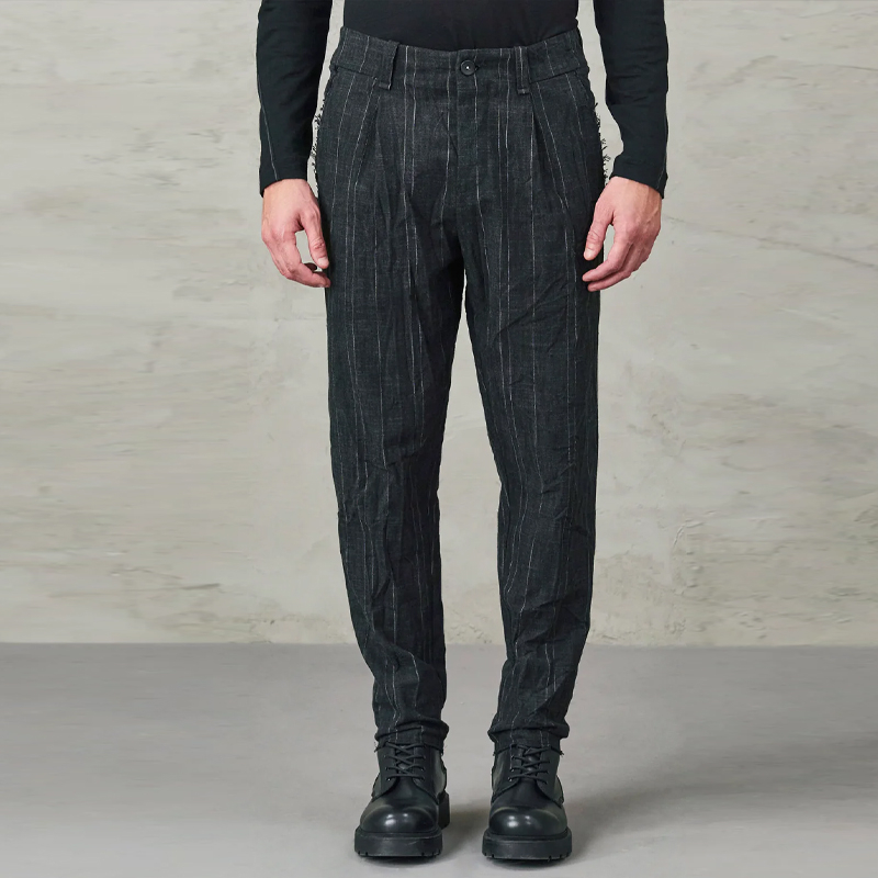 Men's Charcoal Grey Pinstripe Cotton and Linen Trousers
