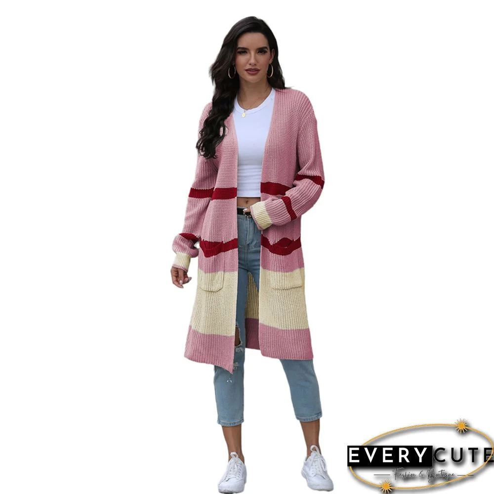 Pink Colorblock Pocketed Long Style Cardigan