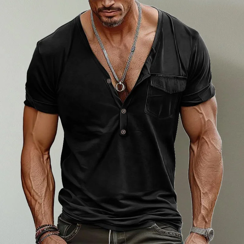 Casual V-Neck Solid Color Single Pocket Short-Sleeved T-Shirt