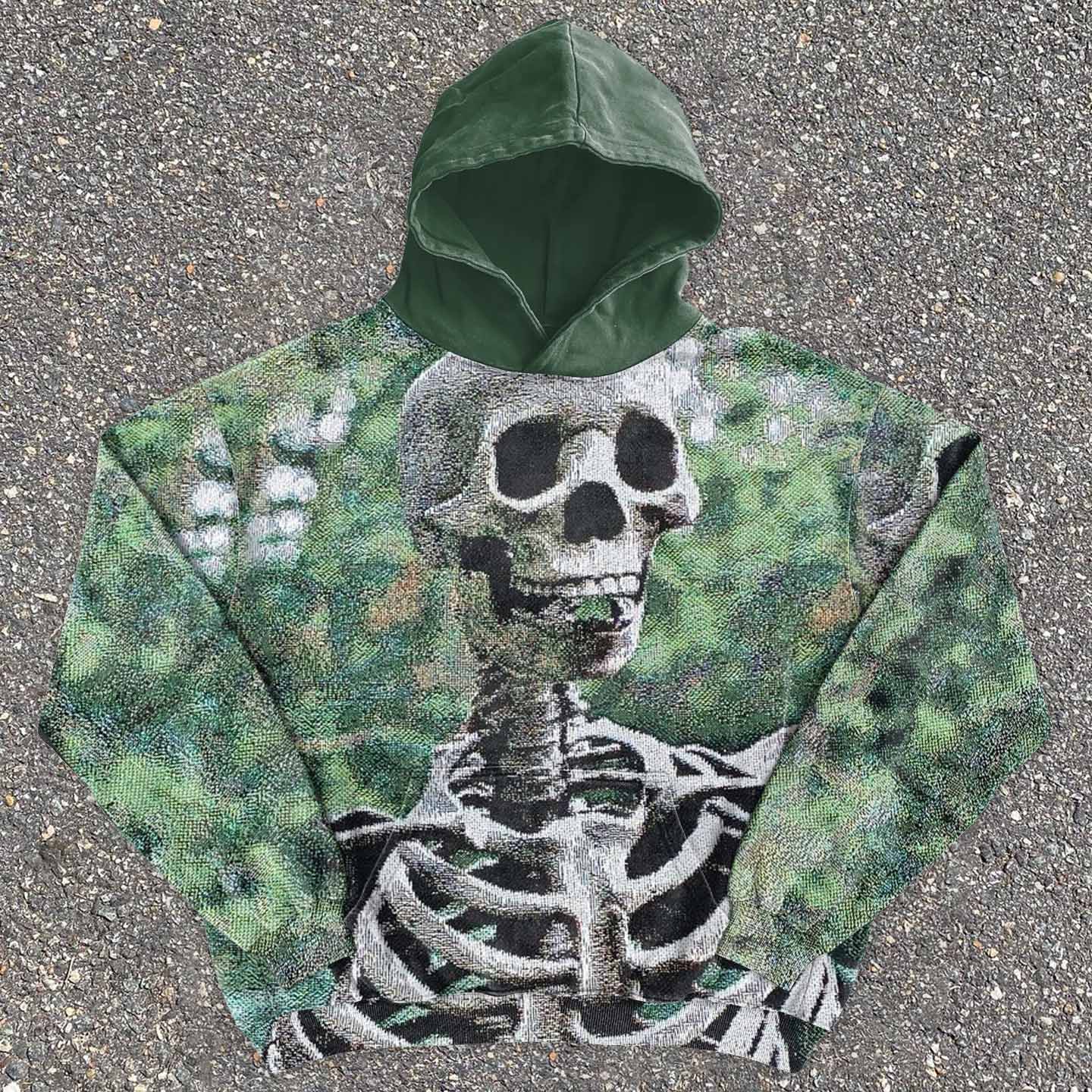 Fashion Trendy Street Skull Print Retro Style Tapestry Knit Hooded Sweater