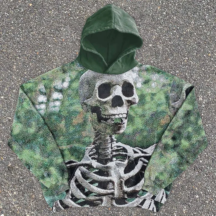 Fashion Trendy Street Skull Print Retro Style Tapestry Knit Hooded Sweater