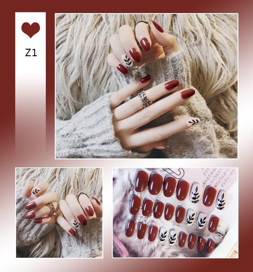24 Pcs/Set False Nails Full Cover Artificial Fake Nails Press On Tips Painted Design Stickers Short Art Tips with Color Cute Red