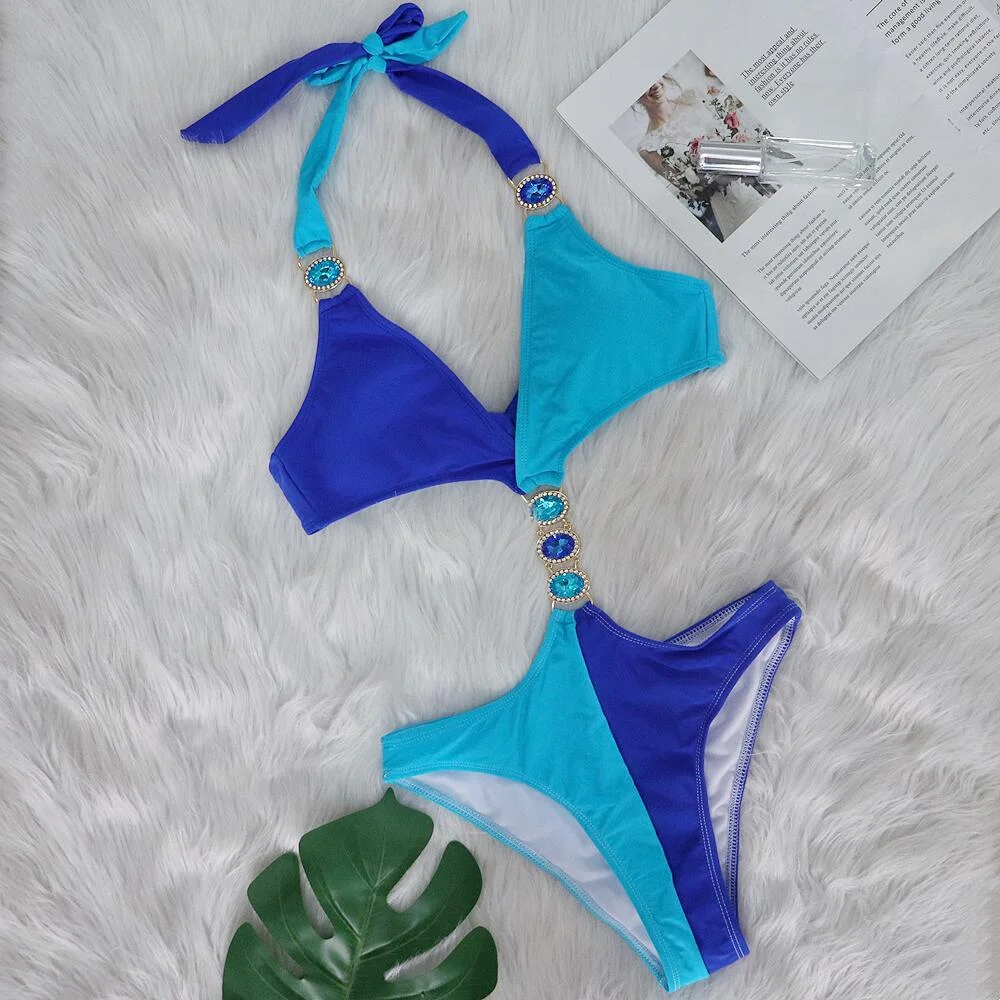 Brownm Brownm New Sexy Crystal Diamond Bikini Patchwork Women's Swimsuit Beach Vacation Swimsuit