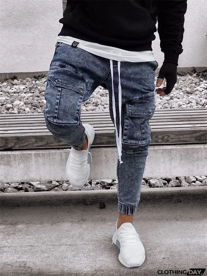 Men's Skinny Elastic Waist Drawstring Blue Jeans