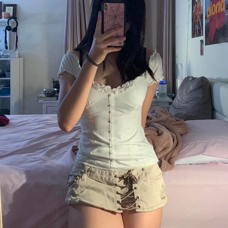 Rapcopter y2k Frill Crop Top Button Short Sleeve Cute Sweet Tee Women Vintage Basic Casual T Shirt Women Summer Chic Korean Tops