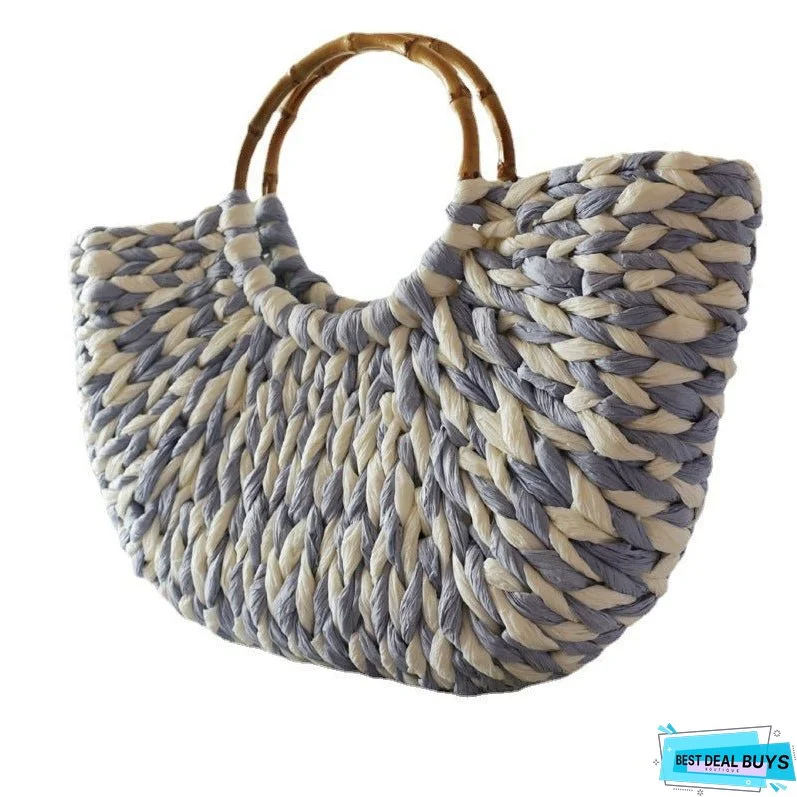 Blue and White Straw Woven Bag Women's Bag