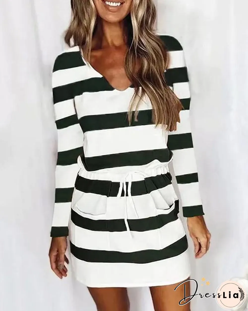 V Neck Drawstring Striped Dress