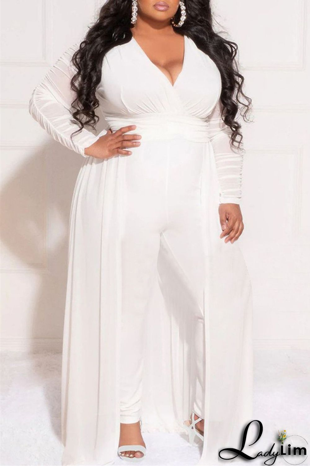 White Fashion Casual Solid Patchwork V Neck Plus Size Two Pieces