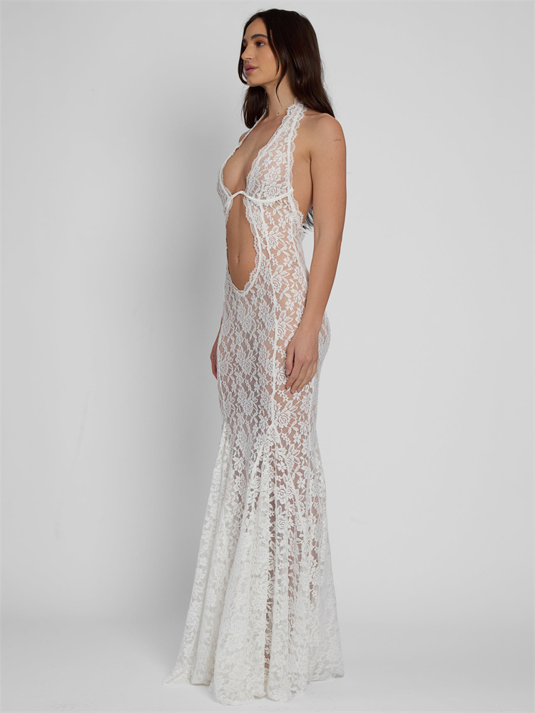  Hollow Out Lace Sexy Long Dress For Women See-Through Sleeveless Backless Fashion Printed Party Dress Summer Maxi Dress