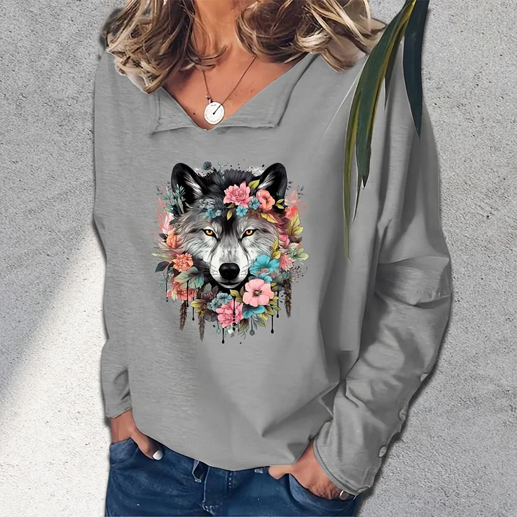 wolf flower V-neck loose  sweatshirt_G242-0023546