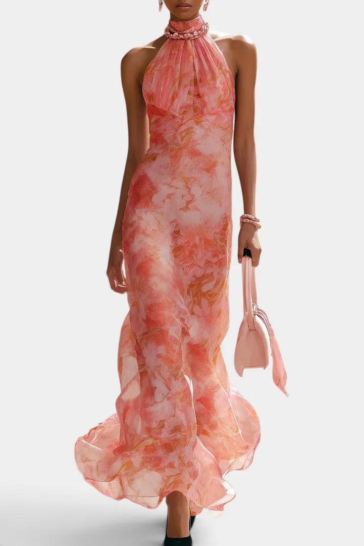 Halter Neck Chiffon Maxi Dress with Ruffled Hem