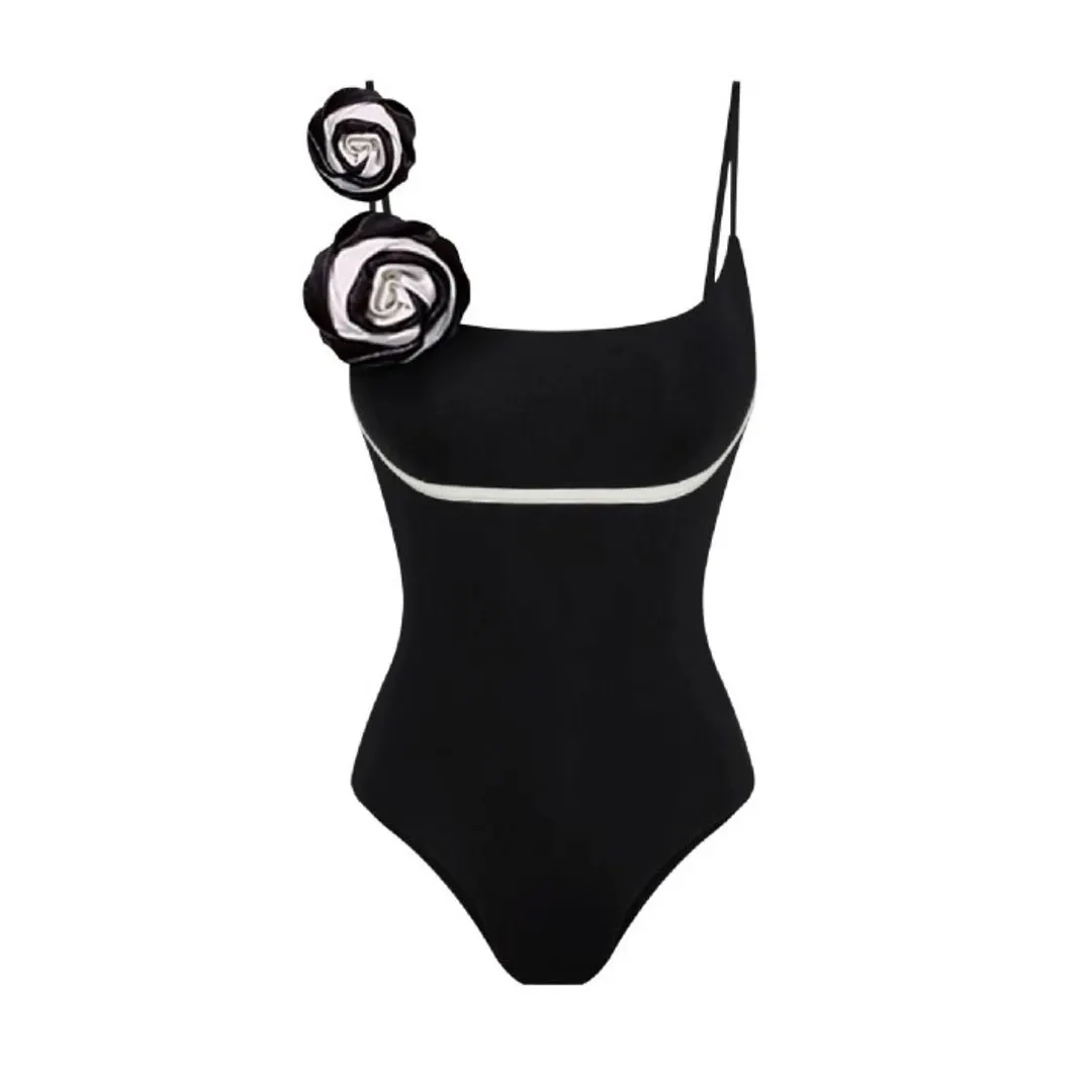 Uveng Suspension 3D Flowers Solid Color One-Piece Swimsuit Women 2025 New One-Piece Swimsuit