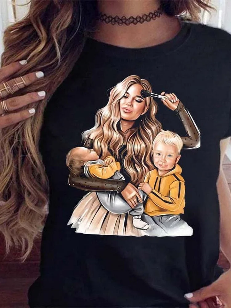 Cartoon Mom Daughter Son Lady Printed Women T-shirt Summer Girl Casual Harajuku Y2K Female Tops Tees Camisetas Mujer