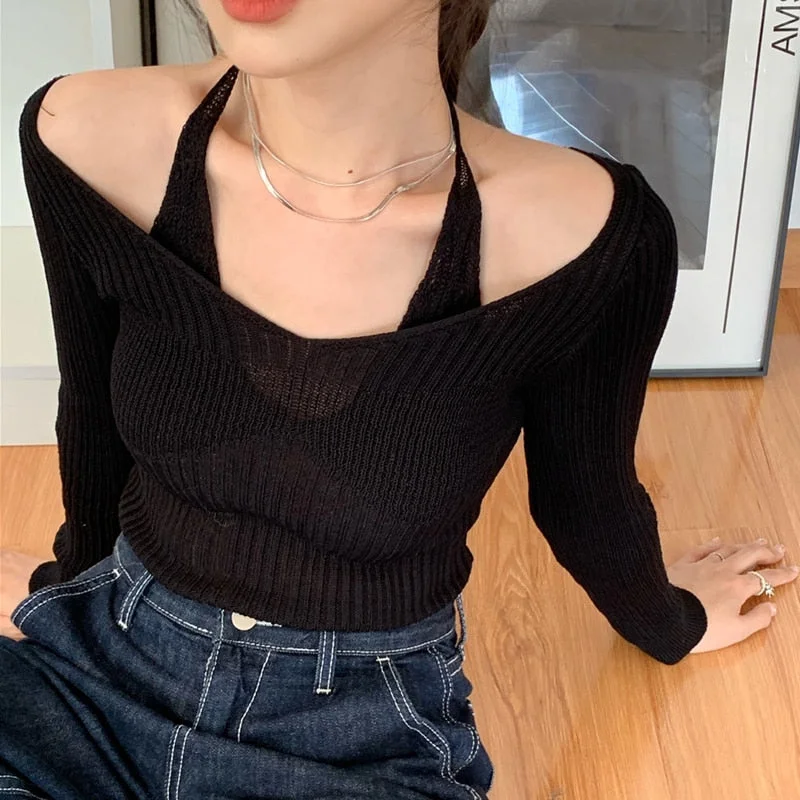 Women's Autumn Elegant Sweater Fake Two-Piece Sexy Halter White Bottoming Sweater 2021 New Long Sleeve Slim Casual Tops 17435