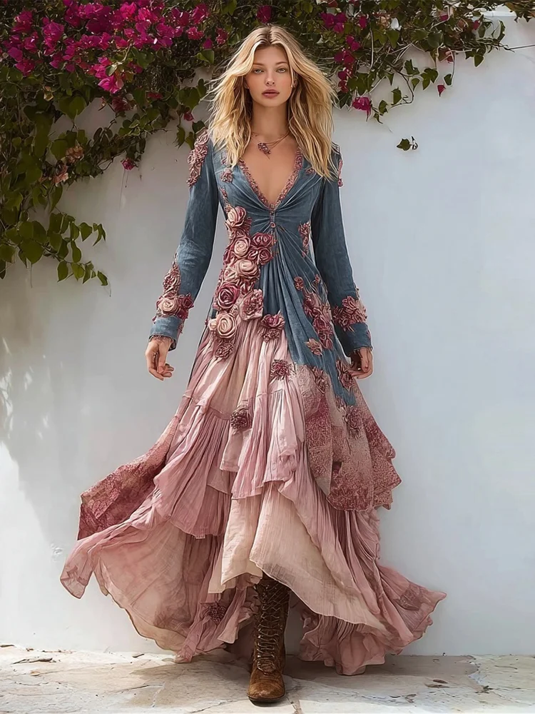Vintage Pink Roses Embroidered Contrast Color Flowy Maxi Dress