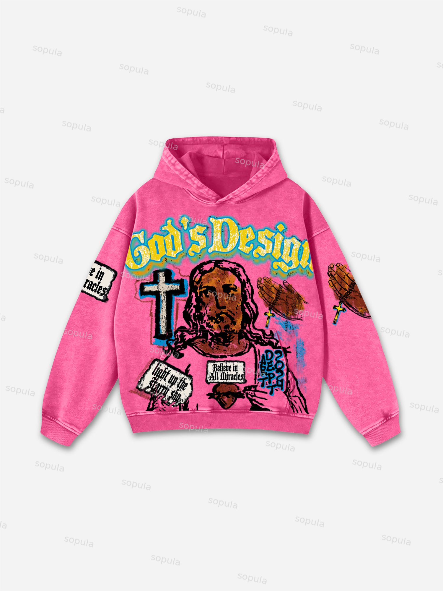 Vintage Jesus Graffiti Graphic God Design Washed Pocket Hoodie