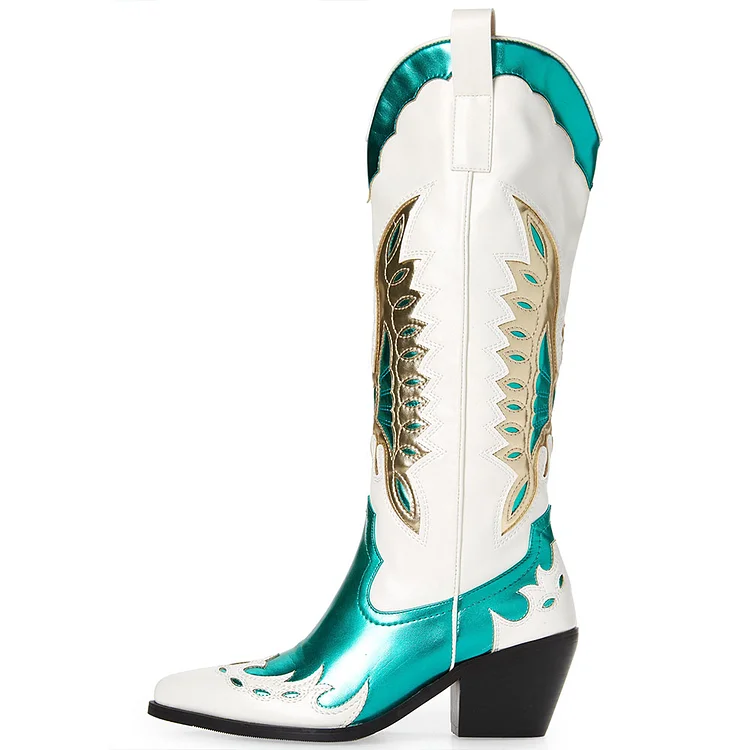 White & Green Butterfly Mid-Calf Cowgirl Boots with Chunky Heels |FSJ Shoes