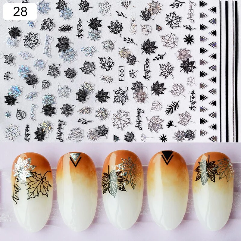 1pcs Black White Letter Stickers For Nails Flower Leaf Linear Transfer Decals Slider 3D Nail Art Decorations Wraps