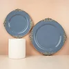 10 Pack | 10" Round Plastic Dinner Plates in Vintage Dusty Blue, Gold Leaf Embossed Baroque Disposable Plates