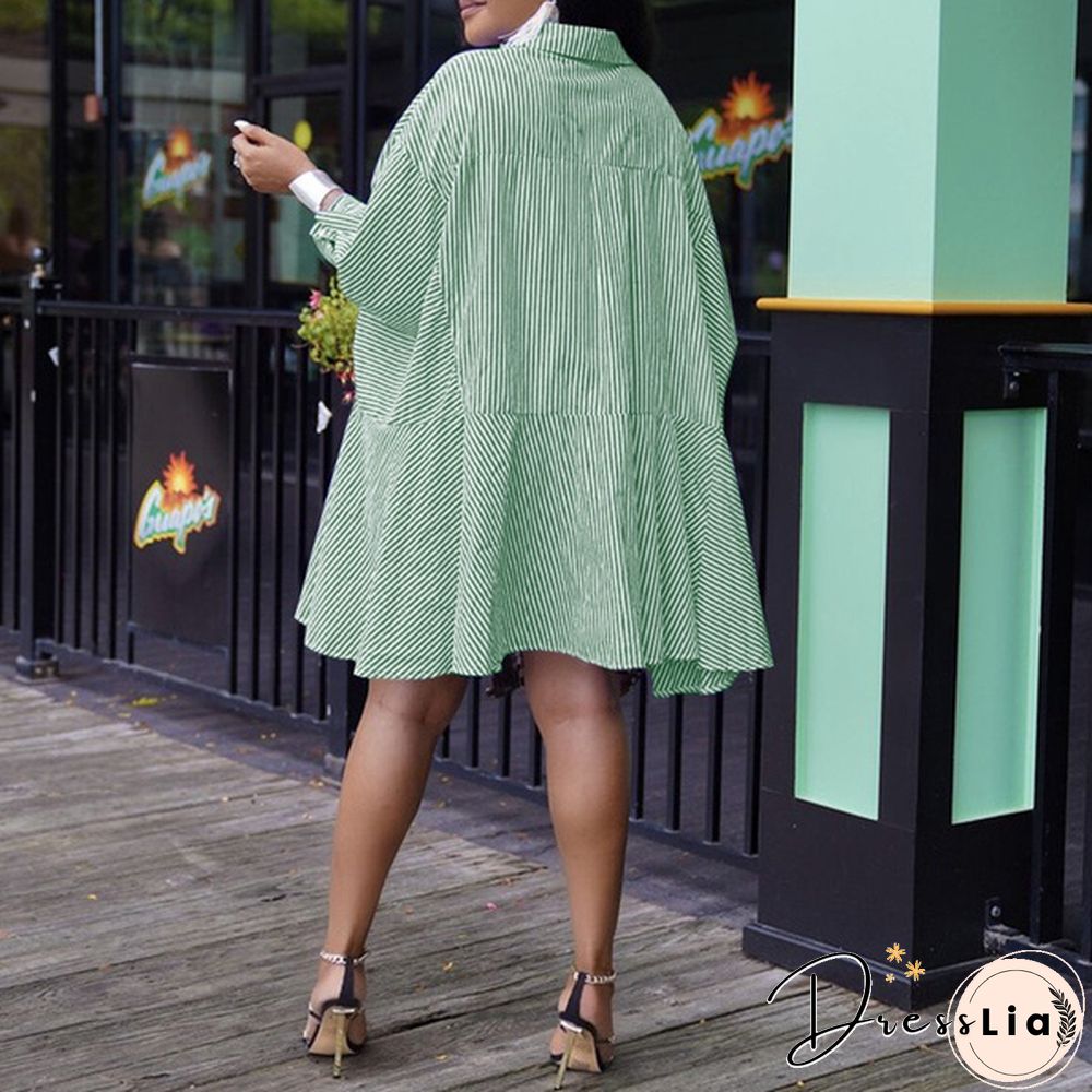 Women Fashion Pleated Ruffled Hem Baggy Irregular Hem Vestido S-5XL Batwing Sleeve Lapel Collar Striped Dresses