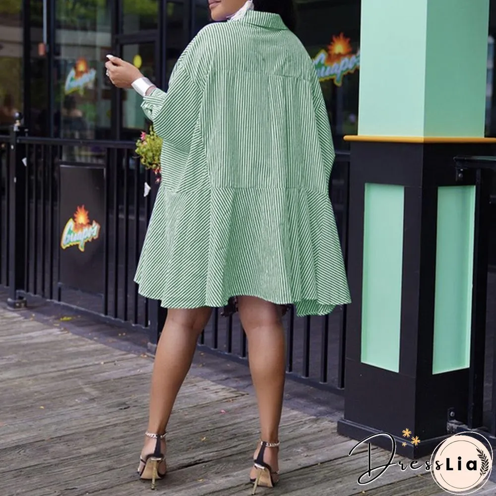 Women Fashion Pleated Ruffled Hem Baggy Irregular Hem Vestido S-5XL Batwing Sleeve Lapel Collar Striped Dresses