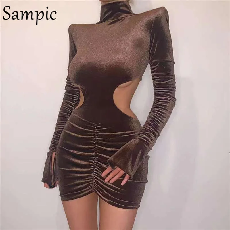 Sampic Women Winter Party Clothing 2021 Sexy Club Mini Ruched Bodycon Turtleneck Dress Velvet Cut Out Skinny Pullover Dress