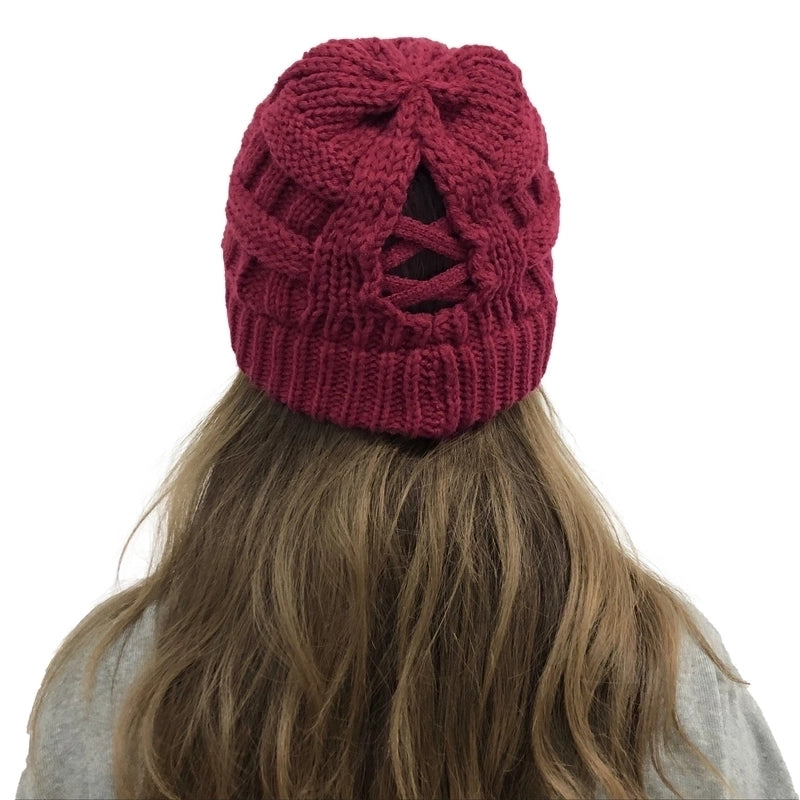 Wish New Bamboo Cross Ponytail Knitted Hat Back Opening Women’s Wool Warm Hat