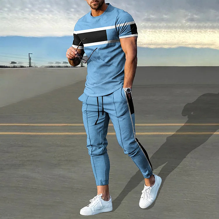 BrosWear Casual Blue Stripes Printed T-Shirt And Pants Co-Ord