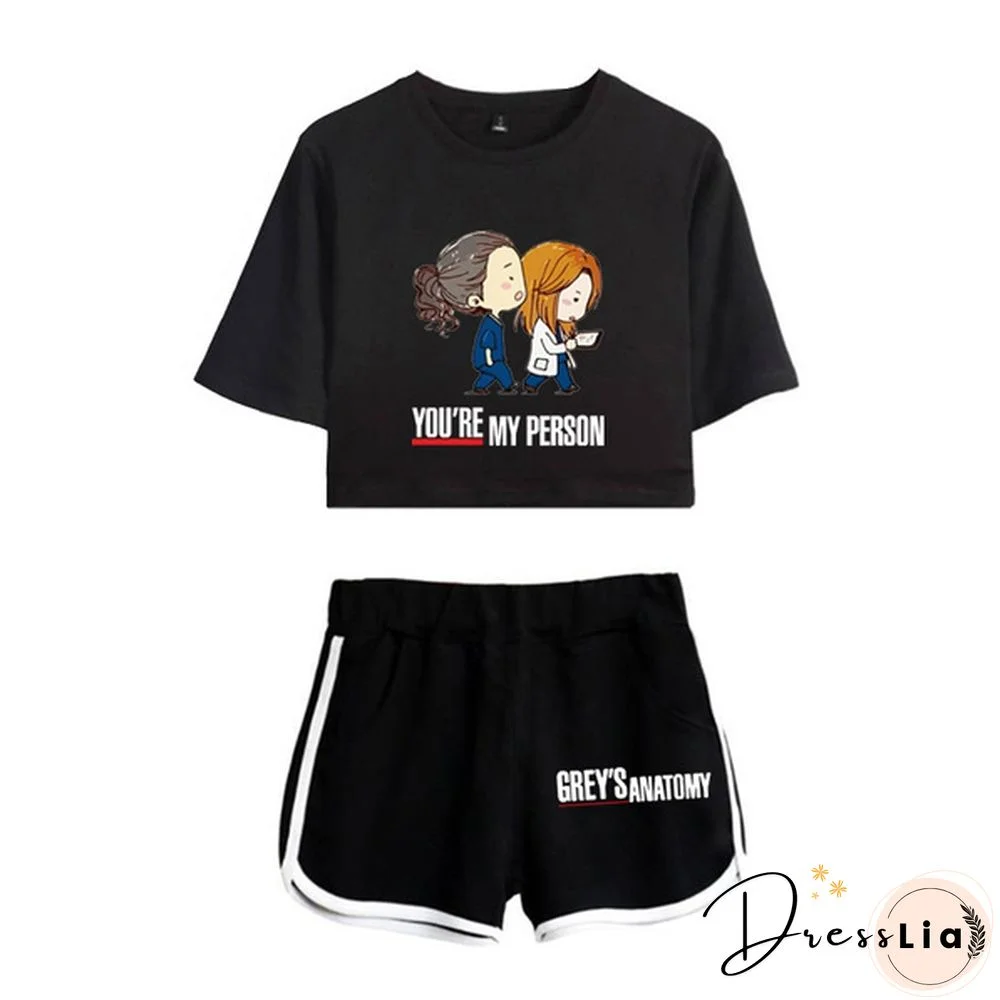 Women Grey's Anatomy Women Short T-shirt Shorts Suit Summer Sport Wear Casual Cotton Yoga Lady Crop Top and Shorts