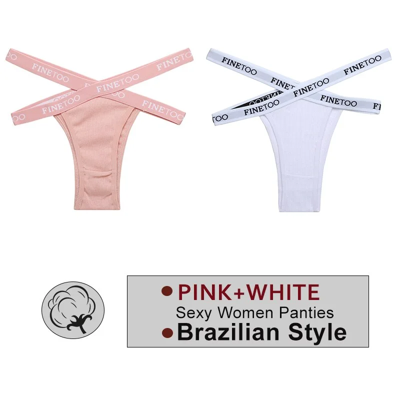 FINETOO 2PCS/Set Women's Cotton Letter Panties Hollow Out Brazilian Pantys Fashion Thong Femme Cross Strap Sexy Woman Underwear