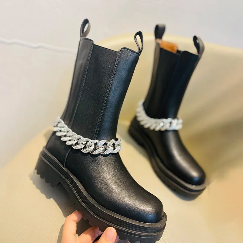 Women's Short Boots Black Removable Metal Chain Fashion Woman Ankle Boot Shoes Leather Platform Luxury Chelsea Boot Winter 2021