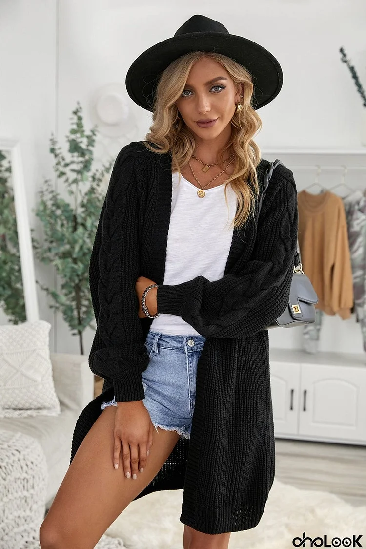 Open Front Cable Sleeve Long Cardigan