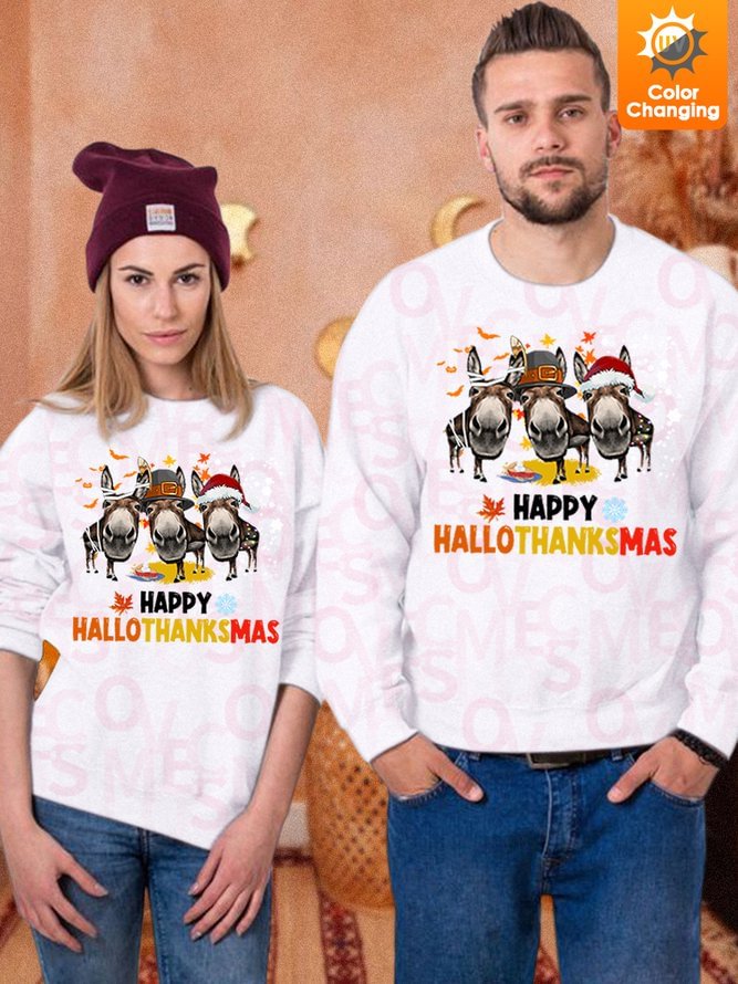 Unisex Merry Christmas Happy Hallothanksmas Sunlight Sensitive Sweatshirt Casual Loose Crew Neck Couple Outfits