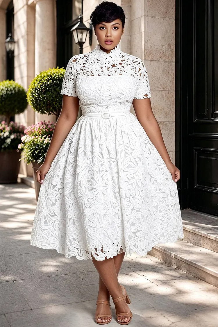 Xpluswear Design Plus Size Wedding Guest Elegant White Mock Neck Short Sleeve See Through Lace Midi Dresses [Pre-Order] 2024 - Xpluswear