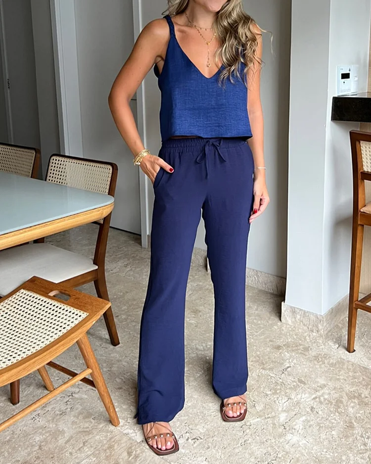 Casual Solid Color Vest & Pants Two-piece Set