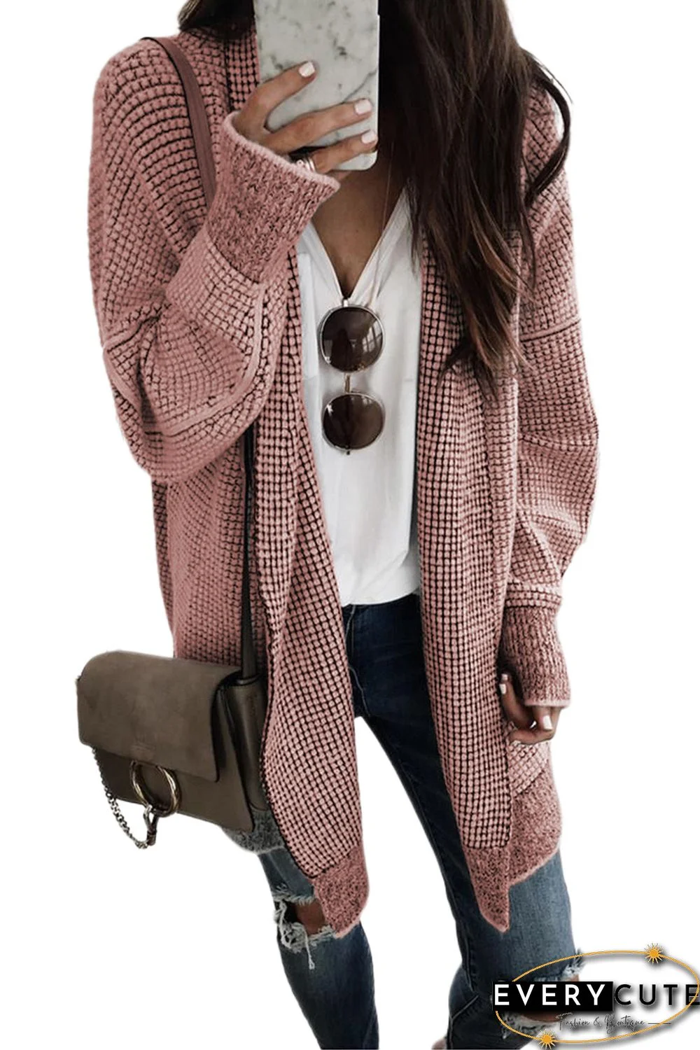 Pink Plaid Knitted Long Open Front Cardigan