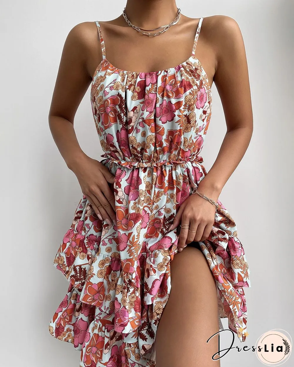 Floral Print Ruffle Hem Ruched Cami Dress